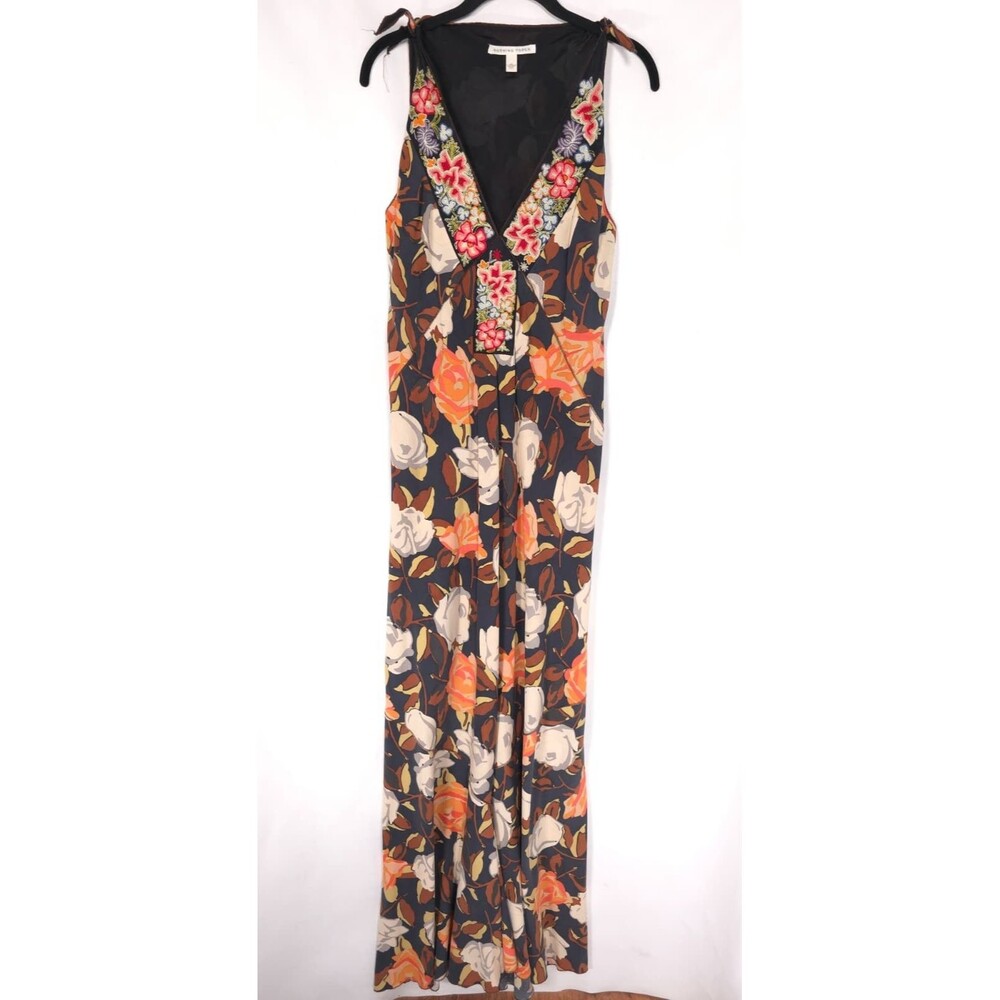 Anthropologie BURNING TORCH 100% SILK Floral Embroidered Carmen Fit Maxi Dress 8